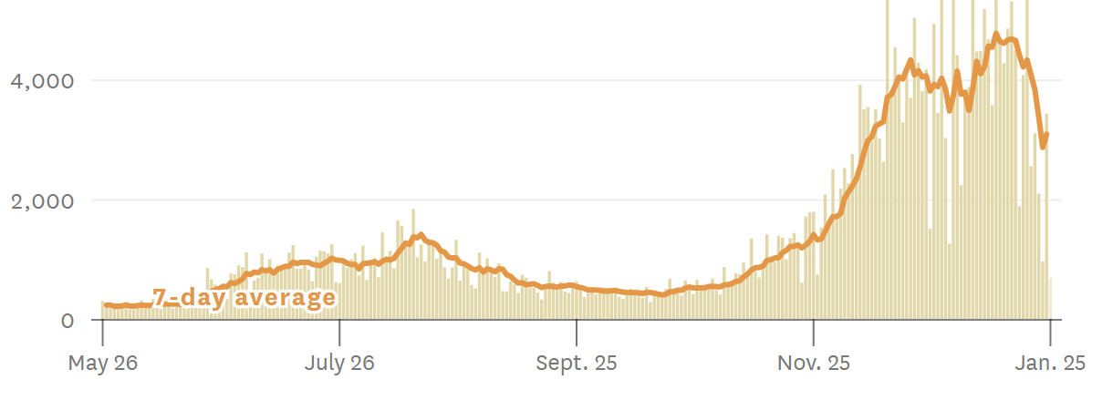 Graph of new COVID-19 Cases in the Bay Area as of January 25th, 2021